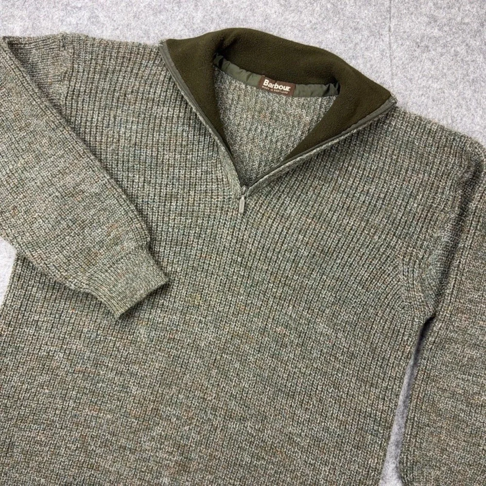 Barbour Sweater Mens XL Green Tyne Zip Neck 100% Pure Wool Heavy Knit Scotland